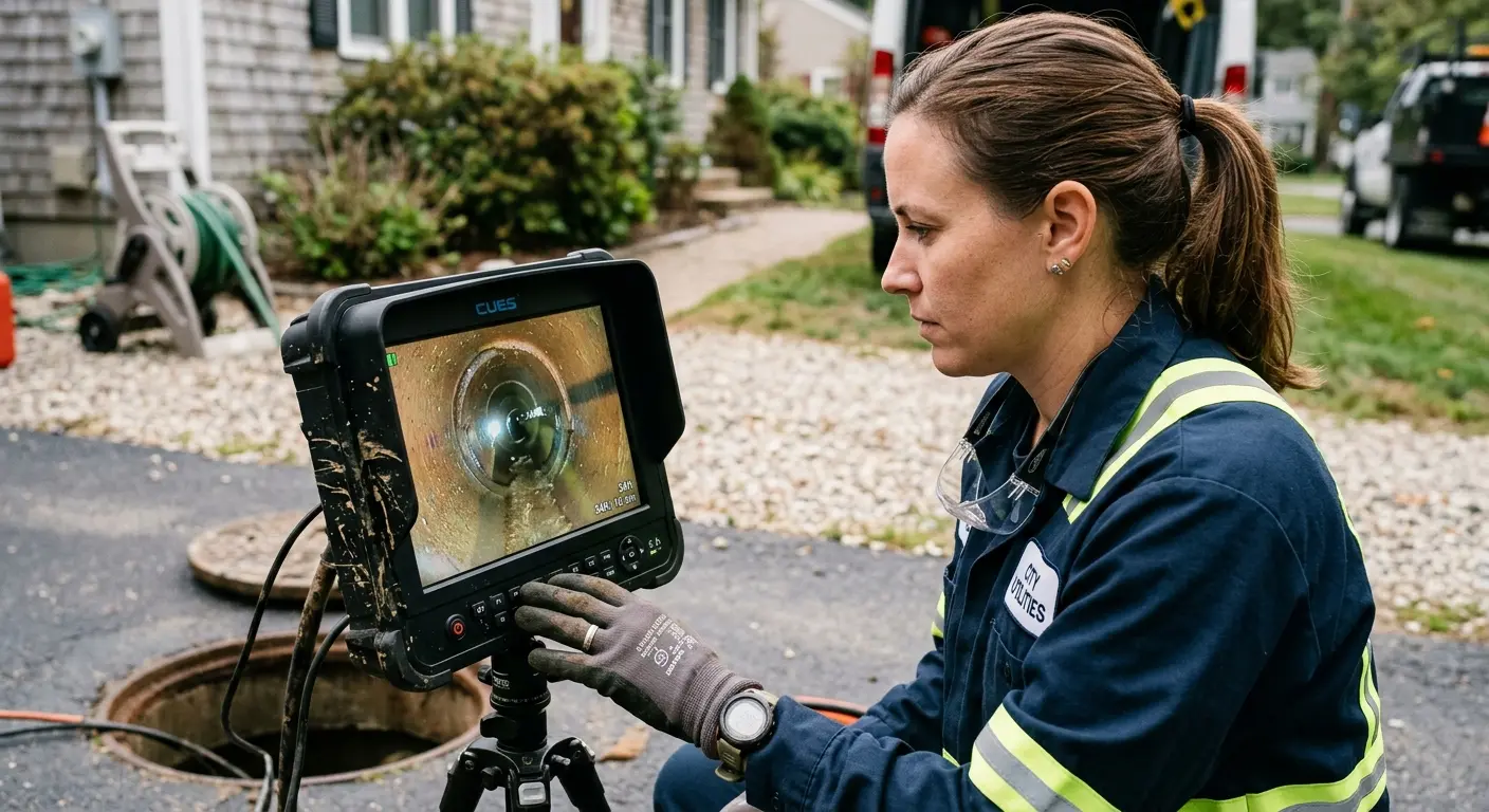 Technician reviewing sewer camera inspection footage in Dacono