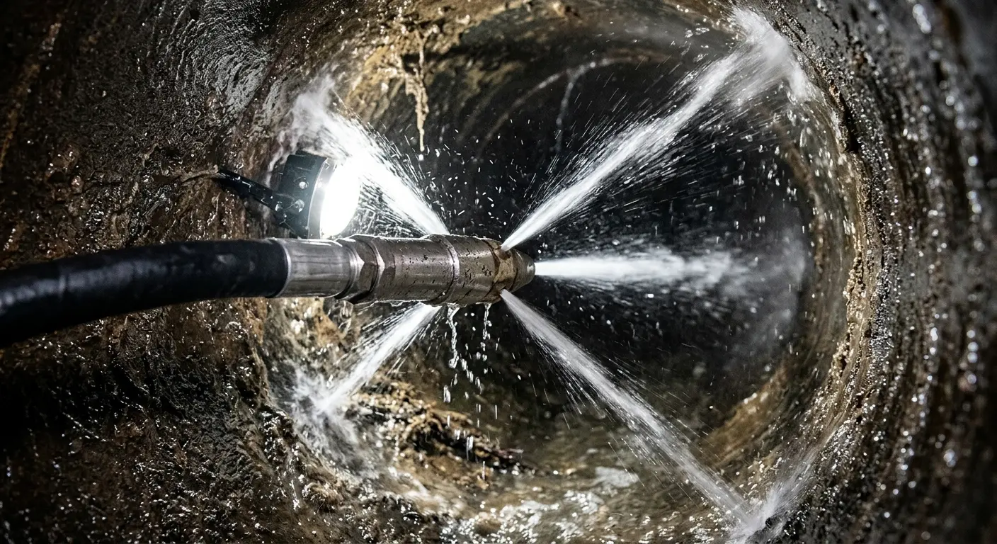 High-pressure hydro jetting nozzle cleaning sewer pipe for Trenchless Sewer Repair in Dacono