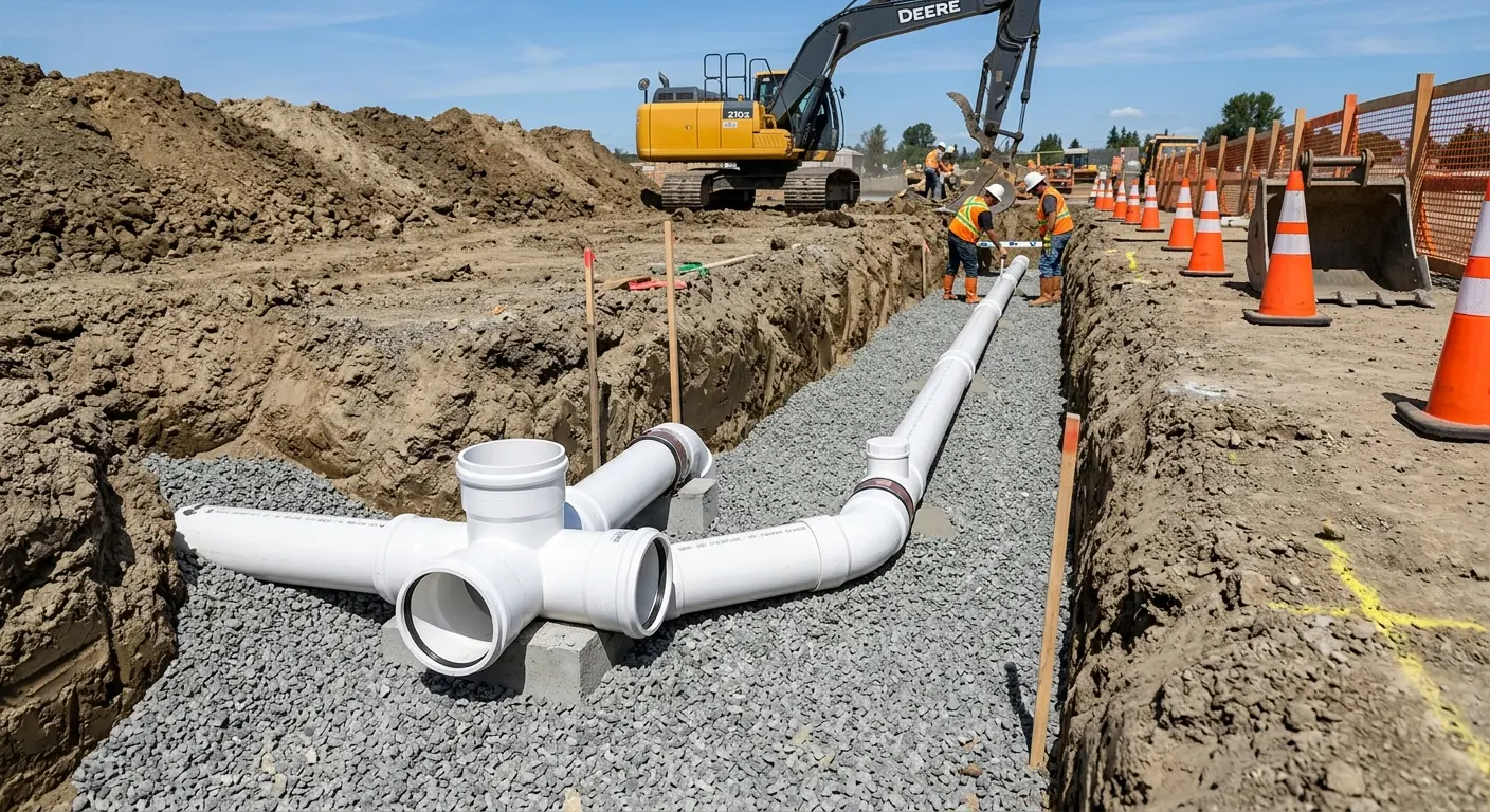 New PVC sewer pipe installation in open trench for Sewer Backup in Dacono