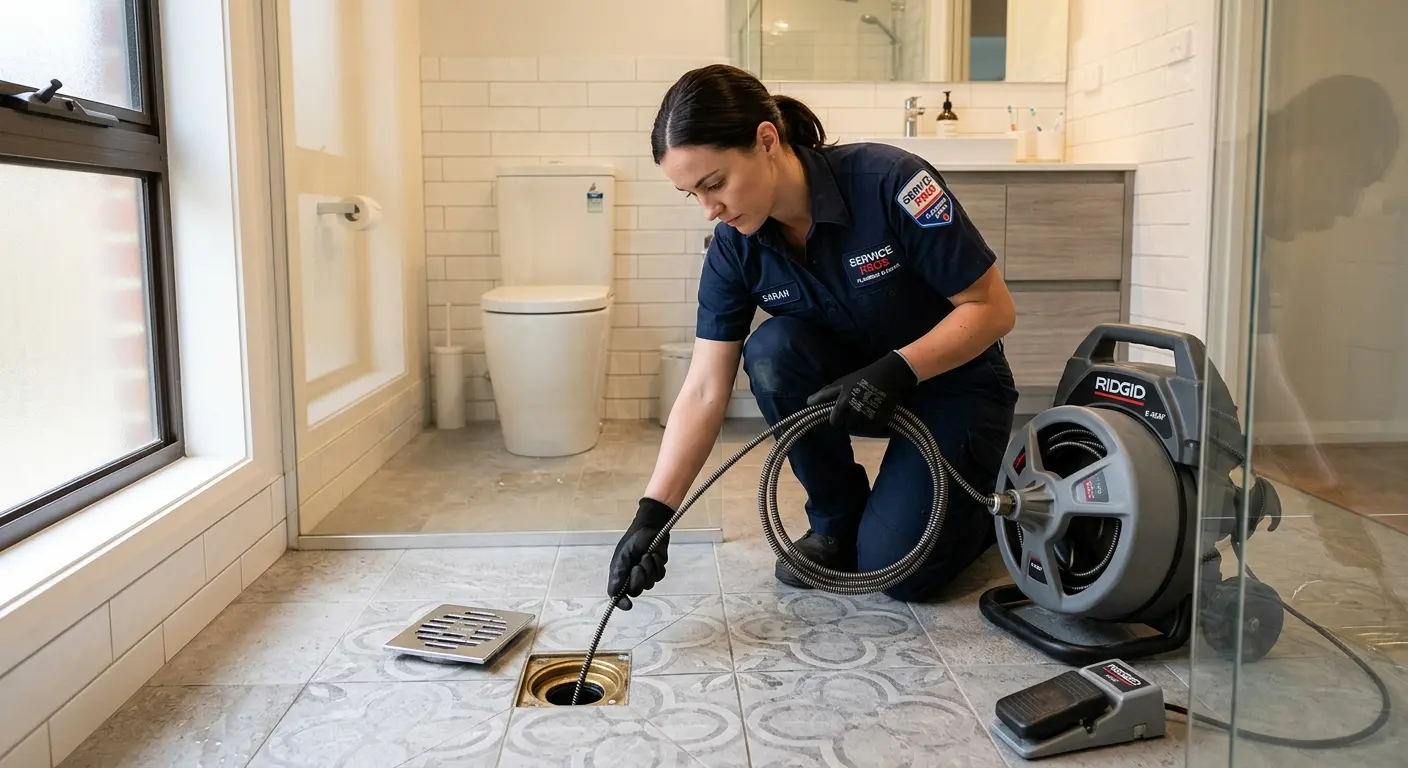 Technician clearing a bathroom floor drain for Clogged Drain Repair in Dacono